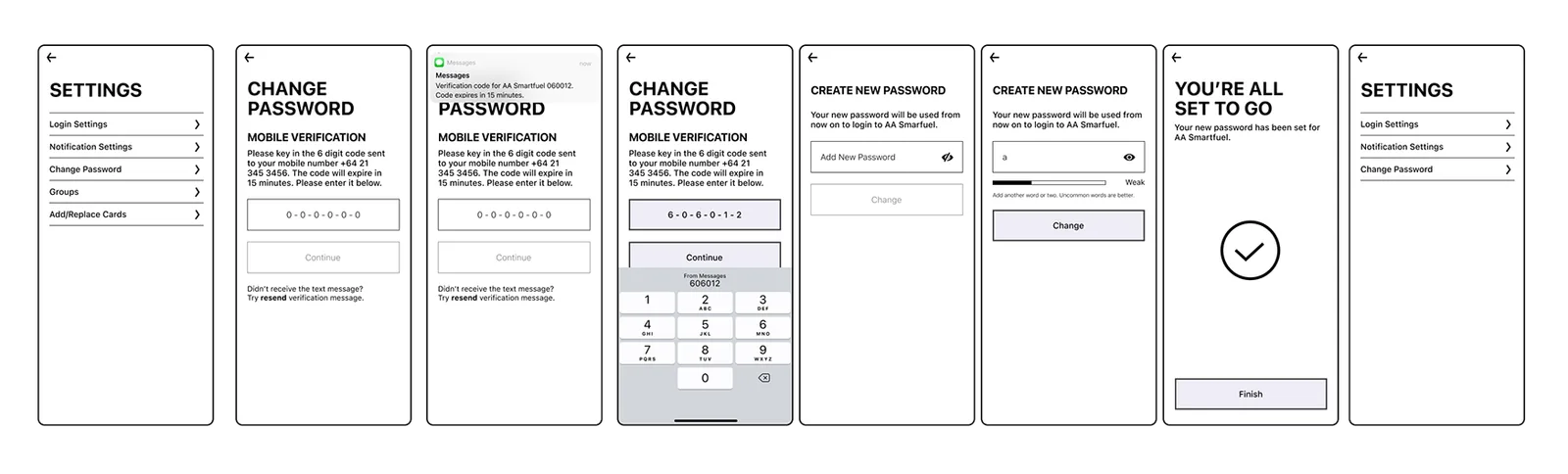AA Smartfuel: The replacement flow at low fidelity: settings, mobile verif