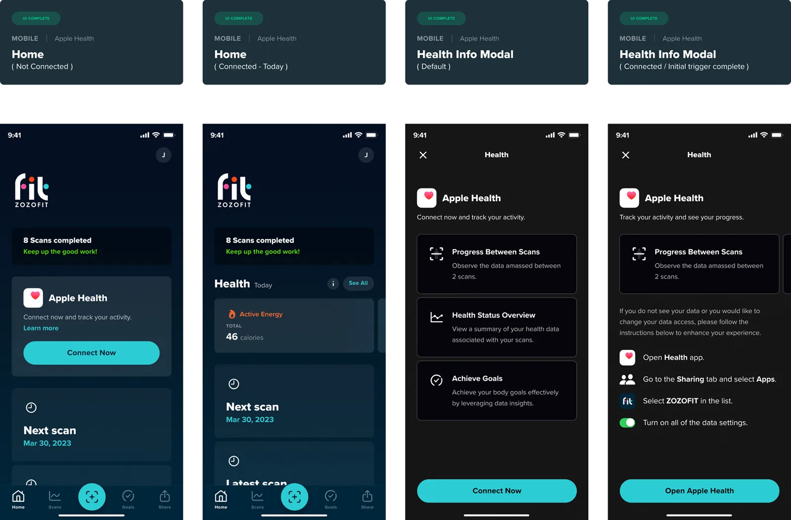 ZOZOFIT × Apple Health: Four of the states drawn out: home not connected, home conne